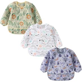ElecMotive 3 Pack Long Sleeve Bib,Baby Smock for Eating 6-30 Months Reusable Shirt Bibs for Babies Toddler