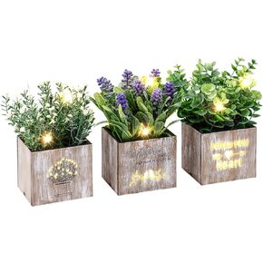Artificial Eucalyptus Potted Plant with LED Lights, 3Pcs Fake Plants in Pot for Home Decor, Faux Lavender Plants and Flower Indoor in Wooden Box Pots, 3 Pack