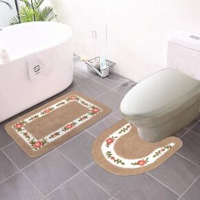 ABREEZE Floral Rose Bathroom Rugs Set 2 Piece,Microfiber Bath Shower Mat and U-Shaped Toilet Rug Non-Skid Absorbent Shaggy Toilet Floor Rug,Mocha
