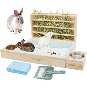 صندوق تغذية خشبي 4 في 1 للارنب مع صندوق فضلات ووعاء ماء ووسادات وفرشاة تنظيف، مستلزمات تغذية للحيوانات الاليفة الصغيرة والخنزير الغيني والهامستر in Kuwait