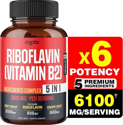 أغوبي 5 في 1 ريبوفلافين فيتامين ب2-6100 ملغ للشعر والبشرة وصحة الأظافر وإنتاج الطاقة والمناعة - بالإضافة إلى جذر البنجر وبذور العنب ومصباح الثوم والأشواغاندا - 120 كبسولة لمدة شهرين in Kuwait