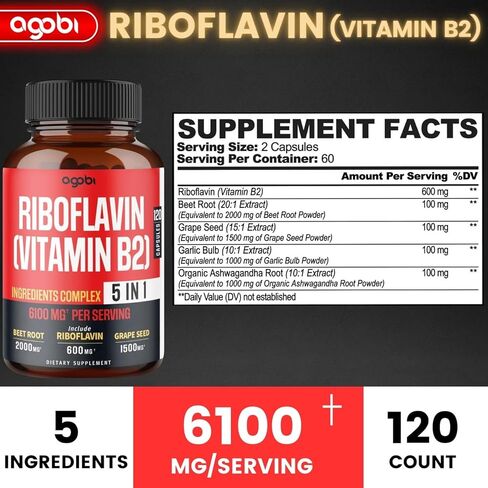 أغوبي 5 في 1 ريبوفلافين فيتامين ب2-6100 ملغ للشعر والبشرة وصحة الأظافر وإنتاج الطاقة والمناعة - بالإضافة إلى جذر البنجر وبذور العنب ومصباح الثوم والأشواغاندا - 120 كبسولة لمدة شهرين in Kuwait