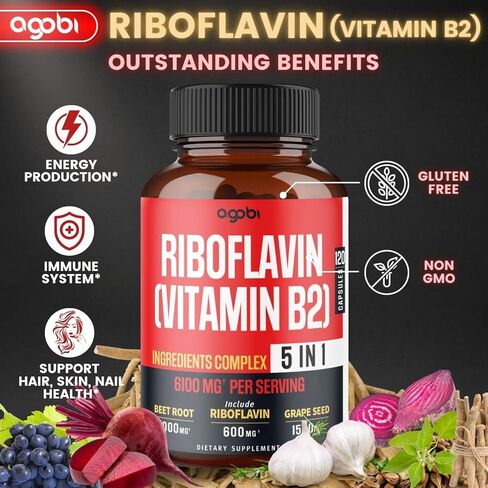 أغوبي 5 في 1 ريبوفلافين فيتامين ب2-6100 ملغ للشعر والبشرة وصحة الأظافر وإنتاج الطاقة والمناعة - بالإضافة إلى جذر البنجر وبذور العنب ومصباح الثوم والأشواغاندا - 120 كبسولة لمدة شهرين in Kuwait