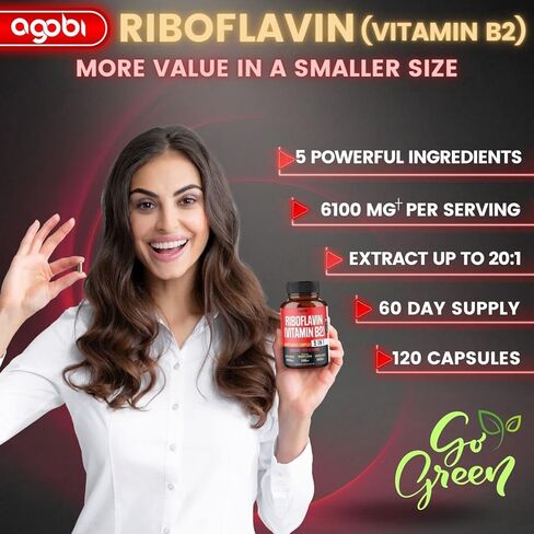 أغوبي 5 في 1 ريبوفلافين فيتامين ب2-6100 ملغ للشعر والبشرة وصحة الأظافر وإنتاج الطاقة والمناعة - بالإضافة إلى جذر البنجر وبذور العنب ومصباح الثوم والأشواغاندا - 120 كبسولة لمدة شهرين in Kuwait