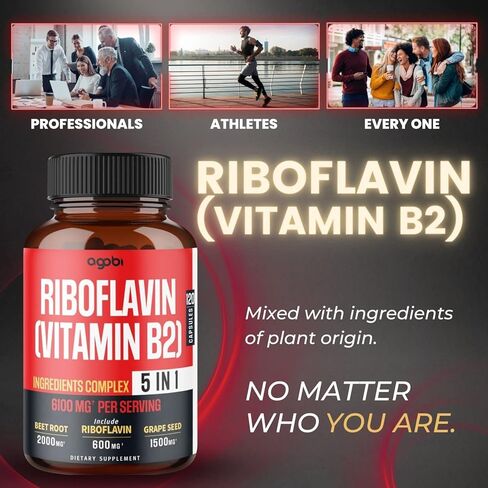 أغوبي 5 في 1 ريبوفلافين فيتامين ب2-6100 ملغ للشعر والبشرة وصحة الأظافر وإنتاج الطاقة والمناعة - بالإضافة إلى جذر البنجر وبذور العنب ومصباح الثوم والأشواغاندا - 120 كبسولة لمدة شهرين in Kuwait