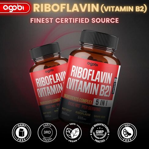 أغوبي 5 في 1 ريبوفلافين فيتامين ب2-6100 ملغ للشعر والبشرة وصحة الأظافر وإنتاج الطاقة والمناعة - بالإضافة إلى جذر البنجر وبذور العنب ومصباح الثوم والأشواغاندا - 120 كبسولة لمدة شهرين in Kuwait