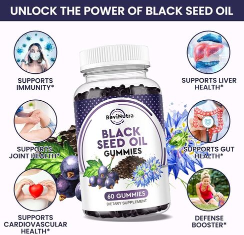 علكات زيت الحبة السوداء من ريفينوترا، حبة البركة المضغوطة على البارد - غنية بفيتامين د، ك2 وهـ، جذر الأرقطيون، نبات البلسان، الزنك، نسبة عالية من الثيموكينون، مضاد أكسدة قوي لدعم المناعة، نباتي غير معدل وراثيًا، 60 قيراط in Kuwait