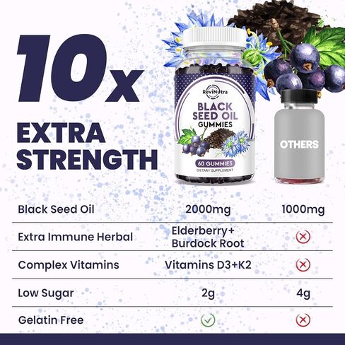 علكات زيت الحبة السوداء من ريفينوترا، حبة البركة المضغوطة على البارد - غنية بفيتامين د، ك2 وهـ، جذر الأرقطيون، نبات البلسان، الزنك، نسبة عالية من الثيموكينون، مضاد أكسدة قوي لدعم المناعة، نباتي غير معدل وراثيًا، 60 قيراط in Kuwait