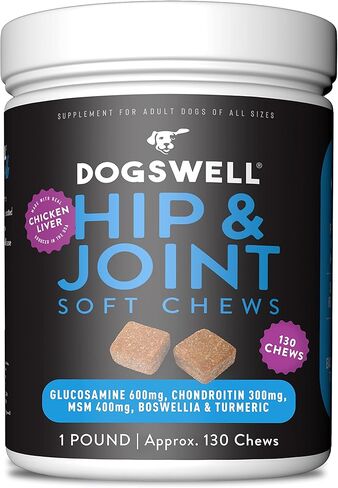 DOGSWELL Hip and Joint Supplement for Dogs - Soft Chews with Glucosamine, Chondroitin, MSM, Boswellia & Turmeric, 1 Pound in Kuwait