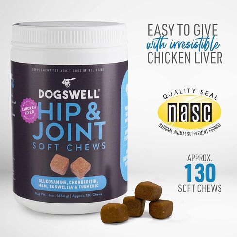 DOGSWELL Hip and Joint Supplement for Dogs - Soft Chews with Glucosamine, Chondroitin, MSM, Boswellia & Turmeric, 1 Pound in Kuwait