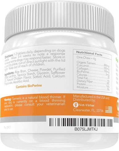 VET-VIRTUE الكركم للكلاب - الكركم العضوي مع الكركمين والورك والمفاصل للكلاب مضغ ناعم، مع الكولاجين والبيوبرين، امتصاص عالي يزيل التهاب آلام المفاصل - 60 قطعة in Kuwait