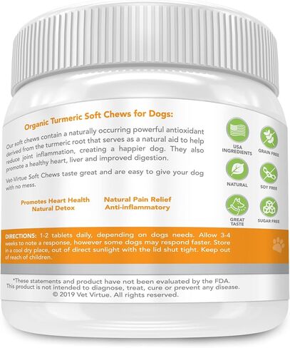 VET-VIRTUE الكركم للكلاب - الكركم العضوي مع الكركمين والورك والمفاصل للكلاب مضغ ناعم، مع الكولاجين والبيوبرين، امتصاص عالي يزيل التهاب آلام المفاصل - 60 قطعة in Kuwait