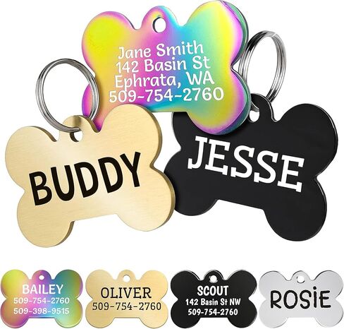 علامات تعريف الكلاب GoTags، علامات تعريف مخصصة للكلاب والقطط منقوشة للحيوانات الأليفة، منقوشة خصيصًا على كلا الجانبين، فولاذ مقاوم للصدأ، فولاذ قوس قزح، فولاذ أسود أو نحاس صلب، علامات تعريف للكلاب على شكل عظمة (حزمة من 1) in Kuwait