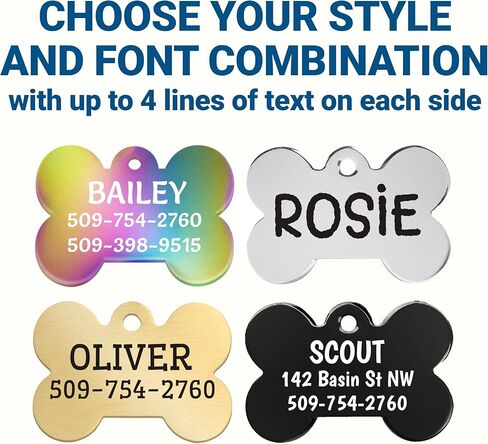 علامات تعريف الكلاب GoTags، علامات تعريف مخصصة للكلاب والقطط منقوشة للحيوانات الأليفة، منقوشة خصيصًا على كلا الجانبين، فولاذ مقاوم للصدأ، فولاذ قوس قزح، فولاذ أسود أو نحاس صلب، علامات تعريف للكلاب على شكل عظمة (حزمة من 1) in Kuwait