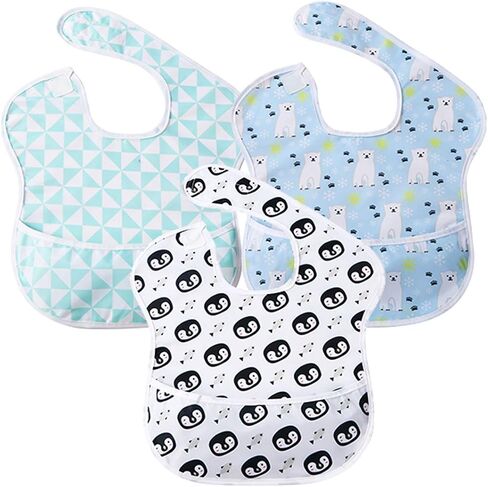 Little Dimsum 3 pack Baby Bibs Waterproof Bib Easy to Clean Feeding Bibs Weaning Bibs Adjustable Closed for Babies Toddlers with Large Pocket 6-36Months(Penguin & Flamingo &Triangle) in Kuwait