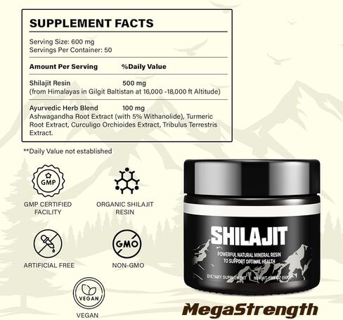 MegaStrength Shilajit، 600 ملغ، مكمل شيلاجيت، راتنج شيلاجيت الأصلي، راتنج شيلاجيت عضوي، شيلاجيت نقي، شيلاجيت الهيمالايا مع أكثر من 85 من المعادن النزرة وحمض الفولفيك للطاقة ودعم المناعة in Kuwait
