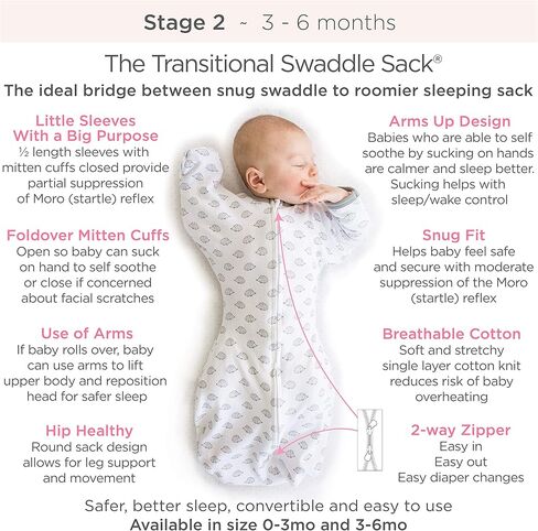 SwaddleDesigns Transitional Swaddle Sack with Arms Up Half-Length Sleeves and Mitten Cuffs, Better Sleep for Baby, Easy Swaddle Transition, Heathered Gray with Striped Trim, Large, 6-9 Mo, 21-24 lbs in Kuwait