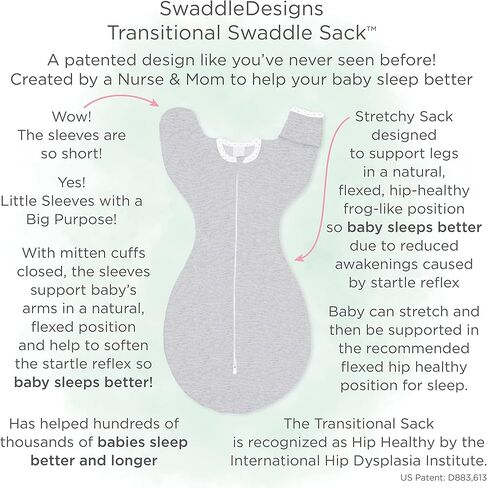 SwaddleDesigns Transitional Swaddle Sack with Arms Up Half-Length Sleeves and Mitten Cuffs, Better Sleep for Baby, Easy Swaddle Transition, Heathered Gray with Striped Trim, Large, 6-9 Mo, 21-24 lbs in Kuwait