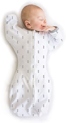 SwaddleDesigns Transitional Swaddle Sack with Arms Up Half-Length Sleeves and Mitten Cuffs, Better Sleep for Baby, Easy Swaddle Transition, Heathered Gray with Striped Trim, Large, 6-9 Mo, 21-24 lbs in Kuwait
