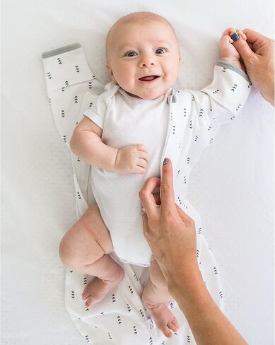 SwaddleDesigns Transitional Swaddle Sack with Arms Up Half-Length Sleeves and Mitten Cuffs, Better Sleep for Baby, Easy Swaddle Transition, Heathered Gray with Striped Trim, Large, 6-9 Mo, 21-24 lbs in Kuwait