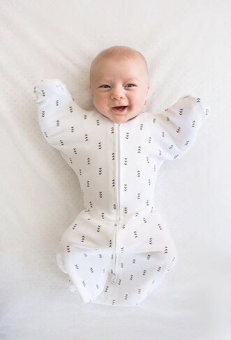 SwaddleDesigns Transitional Swaddle Sack with Arms Up Half-Length Sleeves and Mitten Cuffs, Better Sleep for Baby, Easy Swaddle Transition, Heathered Gray with Striped Trim, Large, 6-9 Mo, 21-24 lbs in Kuwait