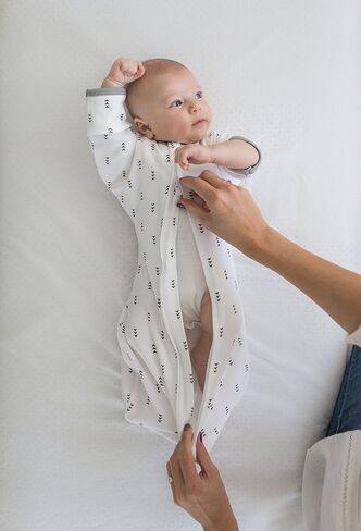 SwaddleDesigns Transitional Swaddle Sack with Arms Up Half-Length Sleeves and Mitten Cuffs, Better Sleep for Baby, Easy Swaddle Transition, Heathered Gray with Striped Trim, Large, 6-9 Mo, 21-24 lbs in Kuwait