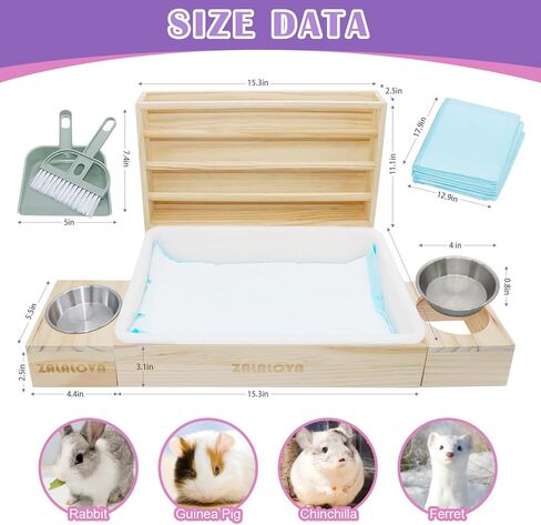 صندوق تغذية خشبي 4 في 1 للارنب مع صندوق فضلات ووعاء ماء ووسادات وفرشاة تنظيف، مستلزمات تغذية للحيوانات الاليفة الصغيرة والخنزير الغيني والهامستر in Kuwait