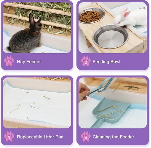 صندوق تغذية خشبي 4 في 1 للارنب مع صندوق فضلات ووعاء ماء ووسادات وفرشاة تنظيف، مستلزمات تغذية للحيوانات الاليفة الصغيرة والخنزير الغيني والهامستر in Kuwait