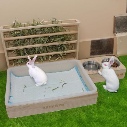 صندوق تغذية خشبي 4 في 1 للارنب مع صندوق فضلات ووعاء ماء ووسادات وفرشاة تنظيف، مستلزمات تغذية للحيوانات الاليفة الصغيرة والخنزير الغيني والهامستر in Kuwait