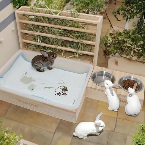 صندوق تغذية خشبي 4 في 1 للارنب مع صندوق فضلات ووعاء ماء ووسادات وفرشاة تنظيف، مستلزمات تغذية للحيوانات الاليفة الصغيرة والخنزير الغيني والهامستر in Kuwait