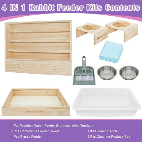 صندوق تغذية خشبي 4 في 1 للارنب مع صندوق فضلات ووعاء ماء ووسادات وفرشاة تنظيف، مستلزمات تغذية للحيوانات الاليفة الصغيرة والخنزير الغيني والهامستر in Kuwait