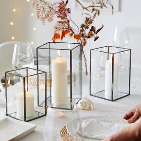 QL Hurricane Candle Holders, Set of 2PCS Large Glass Candle Holder, Transparent Tempered Glass Hurricane Candle Holder with 2 Size (Glossy Black Finshed Border)