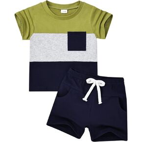 ملابس أطفال أولادي من DOMOABEI ملابس صيفية للأطفال الصغار بأكمام قصيرة تي شيرت مرقع وجيب وبنطلون طقم ملابس للأولاد 12 شهرًا-4T in Kuwait