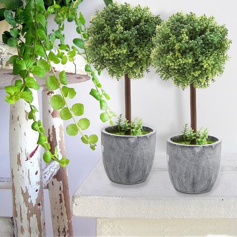 MyGift 12 inch Realistic Artificial Purple Boxwood Topiary Trees, Tabletop Decorative Faux Plants with Gray Plastic Pots, Set of 2 in Saudi Arabia