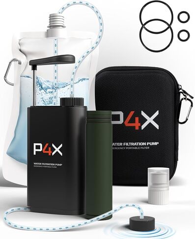 مضخة يدوية بفلتر مياه محمولة معدّة 4X - فلتر مياه ممتاز للتخييم ونظام تنقية للبقاء على قيد الحياة - نظام تنقية مياه أساسي للاستخدام في الهواء الطلق وحقيبة الظهر والمشي لمسافات طويلة مع مرشحات قابلة للاستبدال in Kuwait
