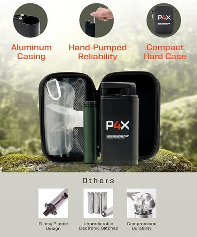 مضخة يدوية بفلتر مياه محمولة معدّة 4X - فلتر مياه ممتاز للتخييم ونظام تنقية للبقاء على قيد الحياة - نظام تنقية مياه أساسي للاستخدام في الهواء الطلق وحقيبة الظهر والمشي لمسافات طويلة مع مرشحات قابلة للاستبدال in Kuwait