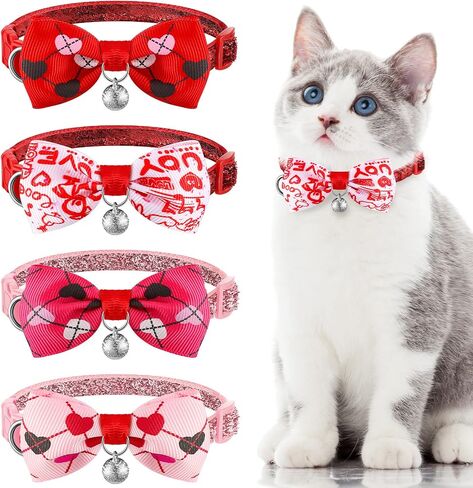 4 Pack Valentines Cat Collar with Bow Tie and Bell Puppy Collar Cat Bow Tie Kitty Collars Holiday Cat Collars Tiny Dog Kitten Collar Adjustable Safety Breakaway Cat Collar Accessories Heart Pattern in Saudi Arabia