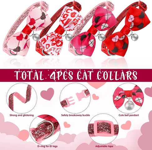 4 Pack Valentines Cat Collar with Bow Tie and Bell Puppy Collar Cat Bow Tie Kitty Collars Holiday Cat Collars Tiny Dog Kitten Collar Adjustable Safety Breakaway Cat Collar Accessories Heart Pattern in Saudi Arabia