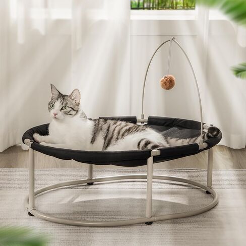 Hzuaneri Oval Raised Cat Bed Elevated Pet Hammock for Kitty Cat Small Dog with Pompom, Detachable and Washable, Easy Assembly Cat Cot Excellent Breathability, for Indoors & Outdoors, Black PB06701X in Kuwait