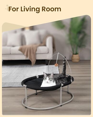 Hzuaneri Oval Raised Cat Bed Elevated Pet Hammock for Kitty Cat Small Dog with Pompom, Detachable and Washable, Easy Assembly Cat Cot Excellent Breathability, for Indoors & Outdoors, Black PB06701X in Kuwait