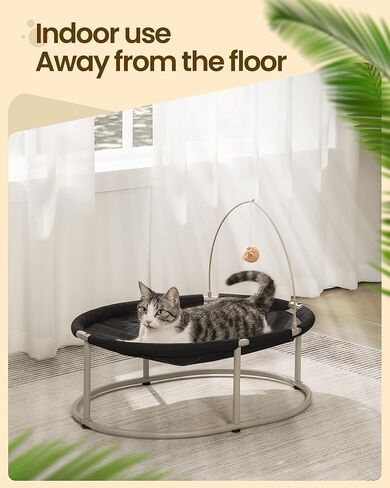 Hzuaneri Oval Raised Cat Bed Elevated Pet Hammock for Kitty Cat Small Dog with Pompom, Detachable and Washable, Easy Assembly Cat Cot Excellent Breathability, for Indoors & Outdoors, Black PB06701X in Kuwait