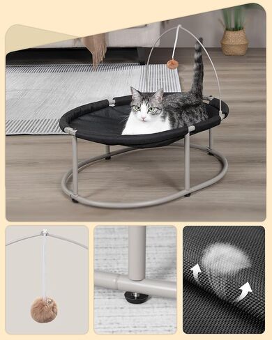 Hzuaneri Oval Raised Cat Bed Elevated Pet Hammock for Kitty Cat Small Dog with Pompom, Detachable and Washable, Easy Assembly Cat Cot Excellent Breathability, for Indoors & Outdoors, Black PB06701X in Kuwait