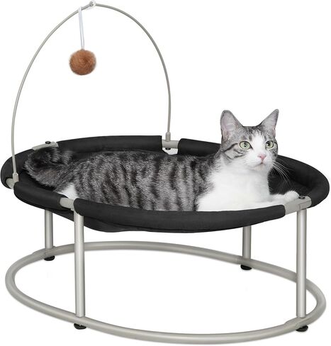 Hzuaneri Oval Raised Cat Bed Elevated Pet Hammock for Kitty Cat Small Dog with Pompom, Detachable and Washable, Easy Assembly Cat Cot Excellent Breathability, for Indoors & Outdoors, Black PB06701X in Kuwait