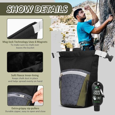 Chalk Bag for Rock Climbing with Liquid Chalk and Carbine, Large Chalk Bucket Bouldering with Magnetic Closure, Zippered Pocket, Brush Holders in Kuwait
