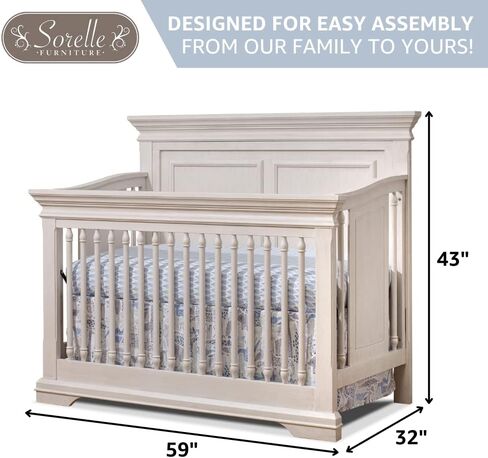 Sorelle Furniture Portofino Crib, Classic 4-In-1 Convertible Crib, Crib Made of Wood, Non-Toxic Finish, Wooden Baby Bed, Toddler Bed, Child’s Daybed and Full-Size Bed, Nursery Furniture-Weathered Gray in Kuwait