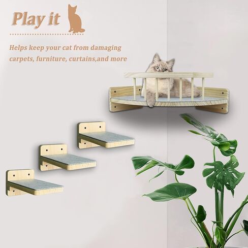 أرفف حائط للقطط، أرجوحة للقطط، أرفف ومجاثم للقطط مع 3 خطوات، عمود خدش للقطط، سرير للقطط داخلي مثبت على الحائط، رف خشبي لتسلق القطط مع غطاء قطيفة، هدية خدش للقطط الصغيرة in Kuwait