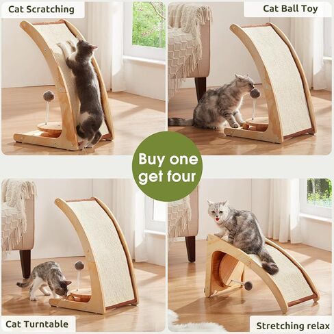 BSRGMS Large Cat Scratcher, Natural Sisal Cat Scratch Pad,4 in 1 Cat Scratching Post with Turntable Toy Spring Ball for Indoor Cats, Vertical Cat Scratching Board with Wood Frame, Protect Furniture in Kuwait