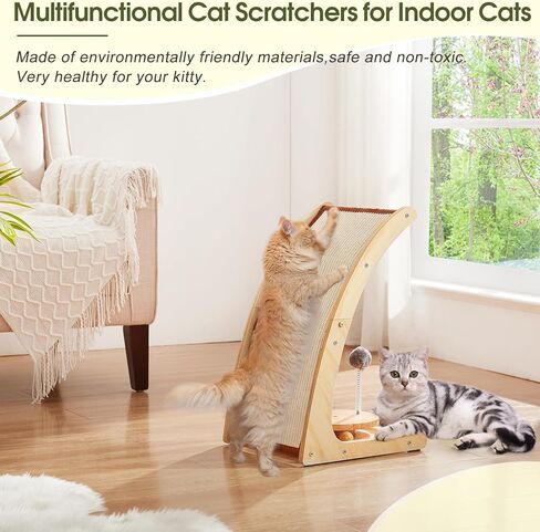 BSRGMS Large Cat Scratcher, Natural Sisal Cat Scratch Pad,4 in 1 Cat Scratching Post with Turntable Toy Spring Ball for Indoor Cats, Vertical Cat Scratching Board with Wood Frame, Protect Furniture in Kuwait