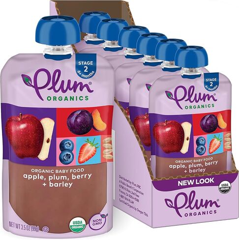 أغذية الأطفال العضوية من بلوم أورجانيكس - المرحلة 2 - التفاح والبرقوق والتوت والشعير - كيس 3.5 أونصة (عبوة من 6 قطع) - كيس أغذية الأطفال من الفواكه والخضروات العضوية in Kuwait