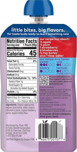 أغذية الأطفال العضوية من بلوم أورجانيكس - المرحلة 2 - التفاح والبرقوق والتوت والشعير - كيس 3.5 أونصة (عبوة من 6 قطع) - كيس أغذية الأطفال من الفواكه والخضروات العضوية in Kuwait